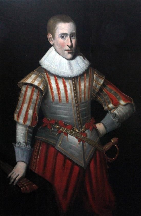 Daniel Mytens (1590-1647) and Studio Portrait of a gentleman wearing a ruff collar and sword, 42.5 x 29in.